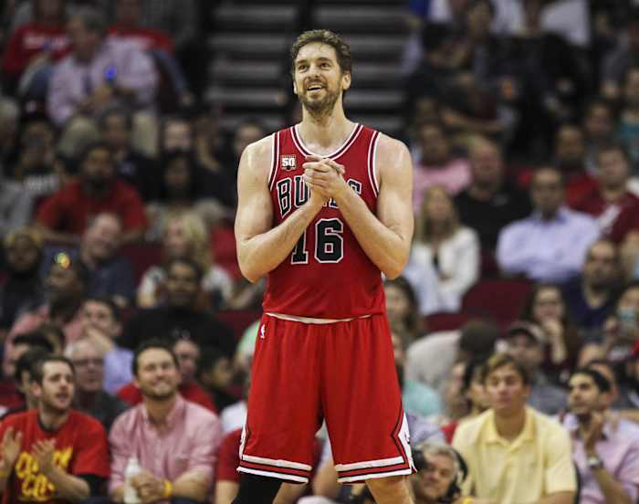 Chicago Bulls center Pau Gasol (16) reacts after a play during the third quarter against the Houston Rockets at Toyota Center.